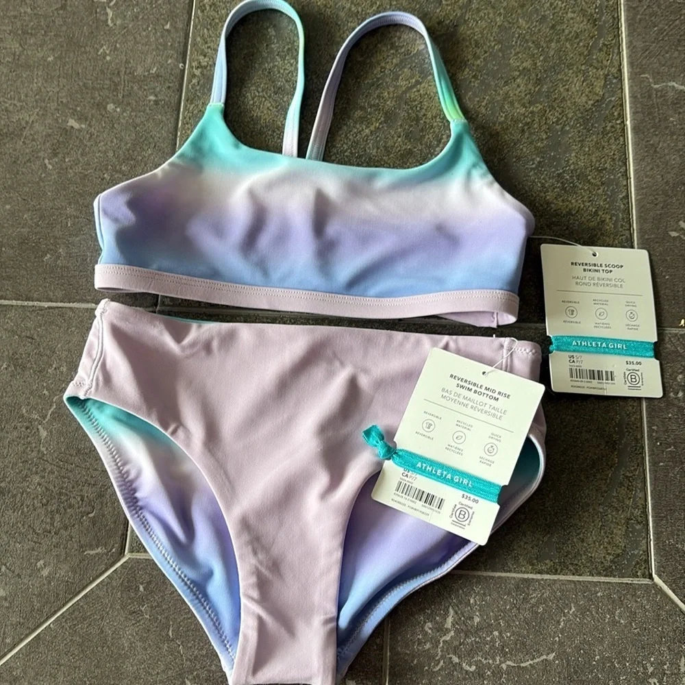 NWT Athleta Girl Reversible Scoop Bikini Top & Mid Rise Swim Bottom Size 7.